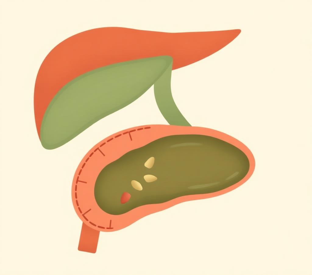 Cross-section diagram of the gallbladder showing thickened bile and small gallstones
